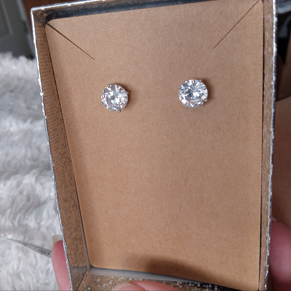 Sterling Silver White CZ Post Earrings - Picture 4 of 5